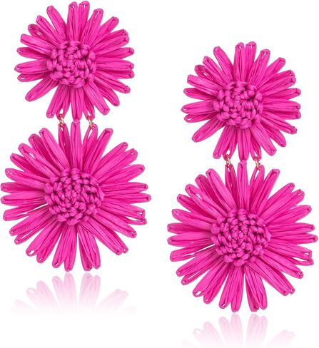 Raffia Flower Drop Earrings Daisy - Boho Statement Floral Dangle Earrings for Spring Summer Beach Vacation in Saudi Arabia
