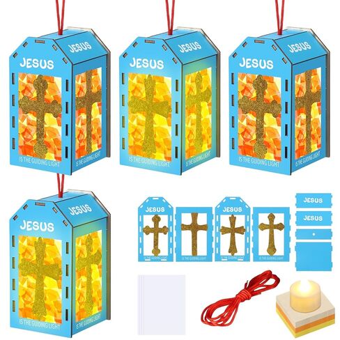 Novabright 12 Sunday School VBS Crafts Wooden 2026 VBS Lantern Crafts with LED Candles Lights Jesus Lights The Way Lantern Sunday School Tissue Paper DIY Oil Lamp Cross Ornament Church Activity in Kuwait