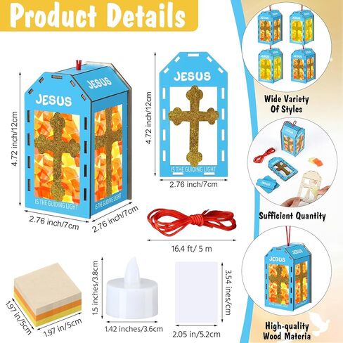 Novabright 12 Sunday School VBS Crafts Wooden 2026 VBS Lantern Crafts with LED Candles Lights Jesus Lights The Way Lantern Sunday School Tissue Paper DIY Oil Lamp Cross Ornament Church Activity in Kuwait