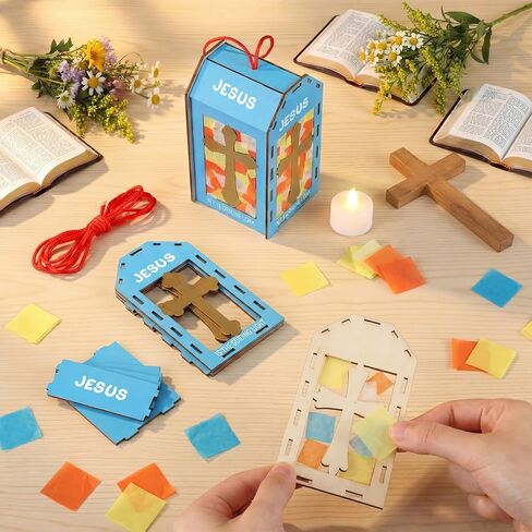 Novabright 12 Sunday School VBS Crafts Wooden 2026 VBS Lantern Crafts with LED Candles Lights Jesus Lights The Way Lantern Sunday School Tissue Paper DIY Oil Lamp Cross Ornament Church Activity in Kuwait