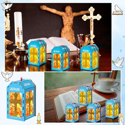 Novabright 12 Sunday School VBS Crafts Wooden 2026 VBS Lantern Crafts with LED Candles Lights Jesus Lights The Way Lantern Sunday School Tissue Paper DIY Oil Lamp Cross Ornament Church Activity in Kuwait