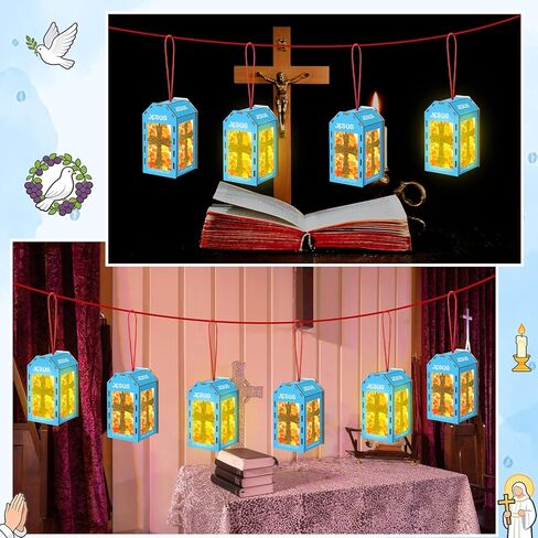 Novabright 12 Sunday School VBS Crafts Wooden 2026 VBS Lantern Crafts with LED Candles Lights Jesus Lights The Way Lantern Sunday School Tissue Paper DIY Oil Lamp Cross Ornament Church Activity in Kuwait