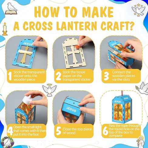 Novabright 12 Sunday School VBS Crafts Wooden 2026 VBS Lantern Crafts with LED Candles Lights Jesus Lights The Way Lantern Sunday School Tissue Paper DIY Oil Lamp Cross Ornament Church Activity in Kuwait