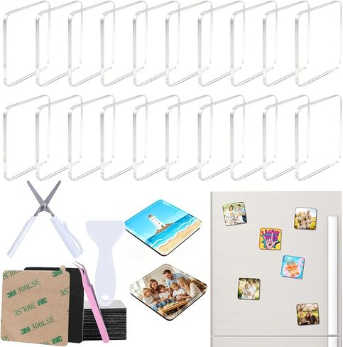 15 Pack 2"x2"x0.2" Clear Acrylic DIY Fridge Magnet Craft Set, Strong Magnets & High-Transparency Adhesive Tape, Includes Scraper, Scissors, Tweezers for Kitchen, Office, Classroom Decoration in Saudi Arabia