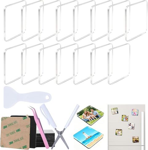15 Pack 2"x2"x0.2" Clear Acrylic DIY Fridge Magnet Craft Set, Strong Magnets & High-Transparency Adhesive Tape, Includes Scraper, Scissors, Tweezers for Kitchen, Office, Classroom Decoration in Kuwait