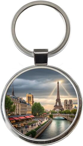 Paris France Cloudy Eiffel Tower Round Metal Keychain in Kuwait