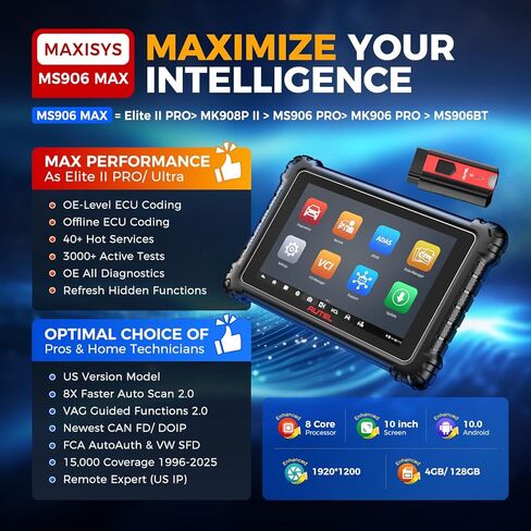 Autel Scanner MaxiSYS MS906 MAX, 2026 10'' MS906MAX 2.0 Ver. of MS906 PRO MS908S MK908 II, Lite of Elite 2 PRO, Top Scan Tool Bidirectional, 3000+ Active Test, 40+ Resets, CAN FD DoIP Auto Scan2.0 FCA in Kuwait