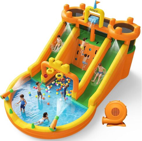 AirMyFun Inflatable Water Slide, 10 in 1 Multifunctional Water Park for Kids Backyard with Double Slides, Climbing Wall,2 Basketball Hoop,Dual Water Cannons, Inflatable Water Bounce House with Blower in Saudi Arabia