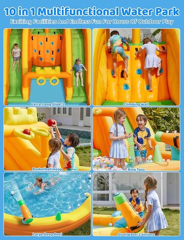 AirMyFun Inflatable Water Slide, 10 in 1 Multifunctional Water Park for Kids Backyard with Double Slides, Climbing Wall,2 Basketball Hoop,Dual Water Cannons, Inflatable Water Bounce House with Blower in Saudi Arabia