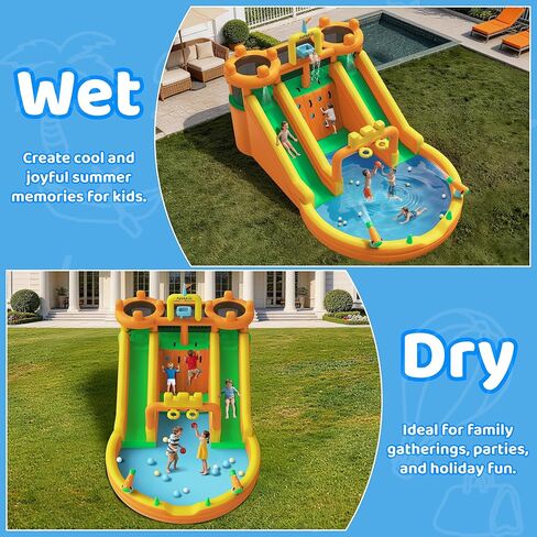 AirMyFun Inflatable Water Slide, 10 in 1 Multifunctional Water Park for Kids Backyard with Double Slides, Climbing Wall,2 Basketball Hoop,Dual Water Cannons, Inflatable Water Bounce House with Blower in Saudi Arabia
