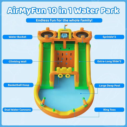 AirMyFun Inflatable Water Slide, 10 in 1 Multifunctional Water Park for Kids Backyard with Double Slides, Climbing Wall,2 Basketball Hoop,Dual Water Cannons, Inflatable Water Bounce House with Blower in Saudi Arabia