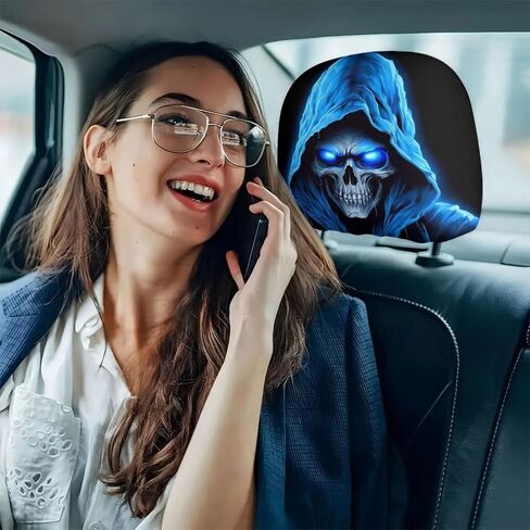 قطعتان من أغطية مسند رأس السيارة بطبعة جمجمة - واقيات مقاعد بتصميم قوطي جريء مع نسيج مريح طوال اليوم - تصميم داخلي مرن عالمي قابل للغسل للتنقل اليومي لعيد الهالوين وديكور عيد الميلاد in Kuwait