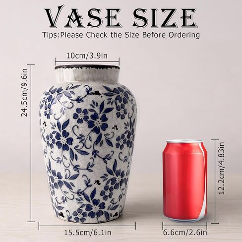 Blue and White Vases, Chinoiserie Ceramic Vase for Home Decor, 10" Vintage Vase for Living Room, Centerpiece Table, Shelf, and Balcony Decor (Extra Large) in Saudi Arabia