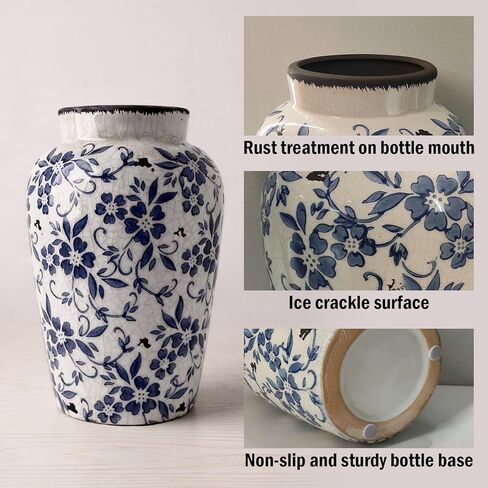 Blue and White Vases, Chinoiserie Ceramic Vase for Home Decor, 10" Vintage Vase for Living Room, Centerpiece Table, Shelf, and Balcony Decor (Extra Large) in Saudi Arabia