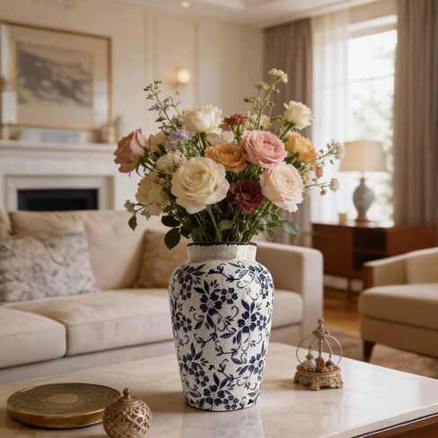 Blue and White Vases, Chinoiserie Ceramic Vase for Home Decor, 10" Vintage Vase for Living Room, Centerpiece Table, Shelf, and Balcony Decor (Extra Large) in Saudi Arabia