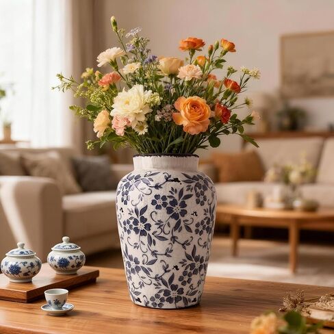 Blue and White Vases, Chinoiserie Ceramic Vase for Home Decor, 10" Vintage Vase for Living Room, Centerpiece Table, Shelf, and Balcony Decor (Extra Large) in Saudi Arabia