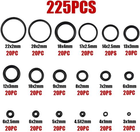 225 قطعة من المطاط يا خاتم مقاومة الزيت O-حلقة غسالة جوان لمنع تسرب المياه تشكيلة مختلفة الحجم مع مجموعة صندوق بلاستيكي in Kuwait