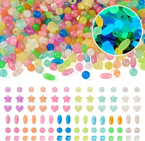 Pandahall 500Pcs Glow in The Dark Beads Acrylic UV Beads 6 Shapes Plastic Pony Beads Colorful Star Round Heart Luminous Pastel Beads for Bracelet Necklace Jewelry Making, LACR-TA0001-03-Yilisi in Saudi Arabia