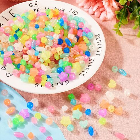 Pandahall 500Pcs Glow in The Dark Beads Acrylic UV Beads 6 Shapes Plastic Pony Beads Colorful Star Round Heart Luminous Pastel Beads for Bracelet Necklace Jewelry Making, LACR-TA0001-03-Yilisi in Saudi Arabia