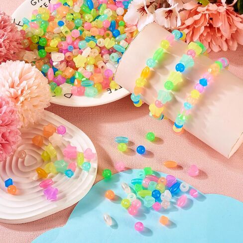 Pandahall 500Pcs Glow in The Dark Beads Acrylic UV Beads 6 Shapes Plastic Pony Beads Colorful Star Round Heart Luminous Pastel Beads for Bracelet Necklace Jewelry Making, LACR-TA0001-03-Yilisi in Saudi Arabia