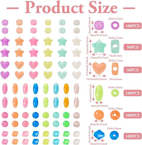 Pandahall 500Pcs Glow in The Dark Beads Acrylic UV Beads 6 Shapes Plastic Pony Beads Colorful Star Round Heart Luminous Pastel Beads for Bracelet Necklace Jewelry Making, LACR-TA0001-03-Yilisi in Saudi Arabia