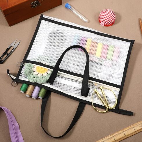 Sew Project Bag, Jumbo Needlepoint Project Bag for Sewing Quilting Craft Bags Organizer with Handles Zipper Pockets Sewing Crafts Organizer Transparent Mesh Zipper Pouch for Knitting Stitching Craft in Kuwait