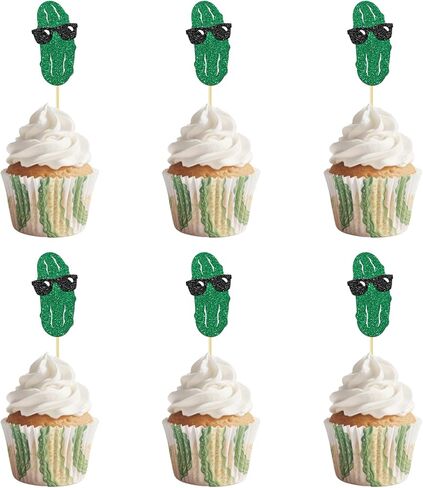 24 Pcs Pickle Party Cupcake Toppers Fun Pickle Birthday Decorations Kind Of A Big Dill Cucumber Pickle Decorations Glitter Green Black in Saudi Arabia