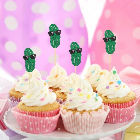 24 Pcs Pickle Party Cupcake Toppers Fun Pickle Birthday Decorations Kind Of A Big Dill Cucumber Pickle Decorations Glitter Green Black in Saudi Arabia