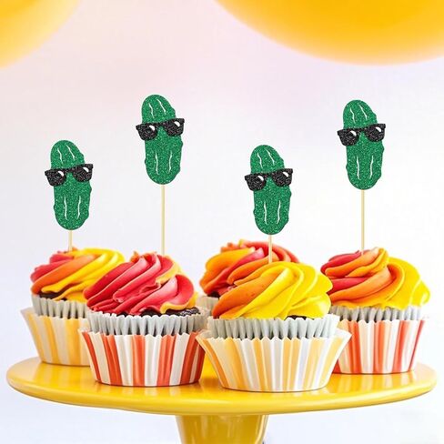 24 Pcs Pickle Party Cupcake Toppers Fun Pickle Birthday Decorations Kind Of A Big Dill Cucumber Pickle Decorations Glitter Green Black in Saudi Arabia