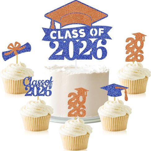 Graduation Cake Topper Congrats Grad Cupcake Toppers Kindergarten High School College University Glitter Decoration Blue Orange in Saudi Arabia