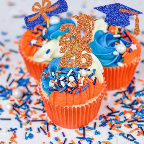 Graduation Cake Topper Congrats Grad Cupcake Toppers Kindergarten High School College University Glitter Decoration Blue Orange in Saudi Arabia