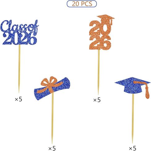 Graduation Cake Topper Congrats Grad Cupcake Toppers Kindergarten High School College University Glitter Decoration Blue Orange in Saudi Arabia