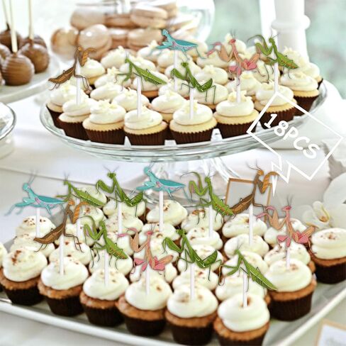 18pcs Glitter Mantis Dessert Cupcake Pick for Natural Insect Theme Decor Supplies Men Women Happy Birthday Party Decorations in Kuwait