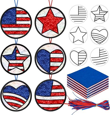 AnyDesign 36 Sets Patriotic 4th of July Suncatcher Paper Crafts Kit American Flag DIY Tissue Paper Hanging Ornament for Memorial Day 250th Anniversary Stained Glass Window Independence Day Classroom in Kuwait
