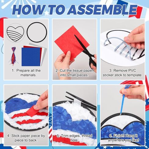 AnyDesign 36 Sets Patriotic 4th of July Suncatcher Paper Crafts Kit American Flag DIY Tissue Paper Hanging Ornament for Memorial Day 250th Anniversary Stained Glass Window Independence Day Classroom in Kuwait