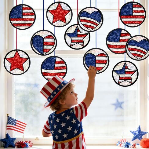 AnyDesign 36 Sets Patriotic 4th of July Suncatcher Paper Crafts Kit American Flag DIY Tissue Paper Hanging Ornament for Memorial Day 250th Anniversary Stained Glass Window Independence Day Classroom in Kuwait