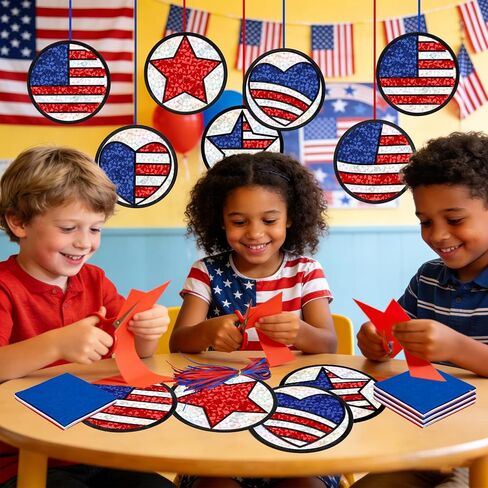 AnyDesign 36 Sets Patriotic 4th of July Suncatcher Paper Crafts Kit American Flag DIY Tissue Paper Hanging Ornament for Memorial Day 250th Anniversary Stained Glass Window Independence Day Classroom in Kuwait