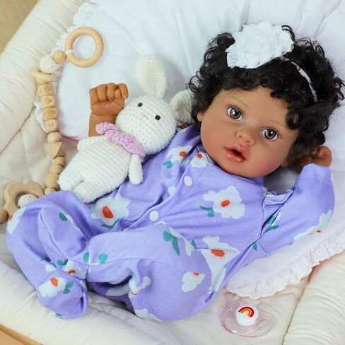 SCOM Reborn Baby Dolls Black Girl - 20 Inch African American Toddler Dolls, Lifelike Soft Body Realistic with Open Eyes Purple Suit Newborn Dolls Real Life Dolls Gift for Kids Age 3 in Saudi Arabia