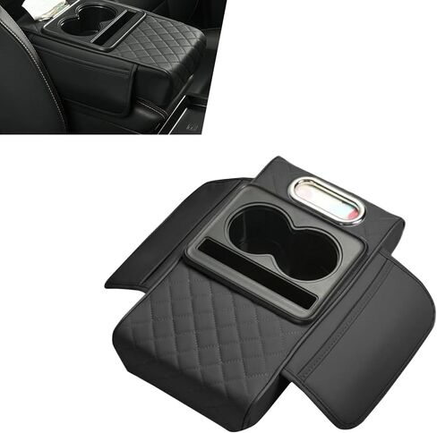 Car Center Console Cover Organizer, Armrest Box Height Increase Cover with 2 Cup Holders & 1 Tissue Bag, Leather Highly Elastic Armrest Box Protector, for Most Vehicles (Black) in Saudi Arabia