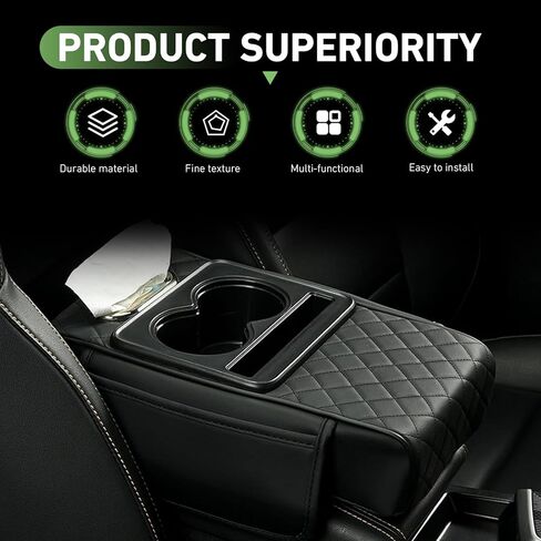Car Center Console Cover Organizer, Armrest Box Height Increase Cover with 2 Cup Holders & 1 Tissue Bag, Leather Highly Elastic Armrest Box Protector, for Most Vehicles (Black) in Saudi Arabia