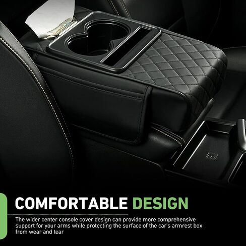 Car Center Console Cover Organizer, Armrest Box Height Increase Cover with 2 Cup Holders & 1 Tissue Bag, Leather Highly Elastic Armrest Box Protector, for Most Vehicles (Black) in Saudi Arabia