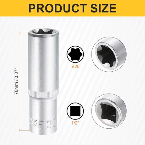 مقبس HARFINGTON E-Torx 1/2 بوصة محرك E20 مقبس توركس خارجي عميق CR-V فولاذ 6 نقاط مقبس عزم دوران خارجي نجمة مقبس بت أنثى لإصلاح السيارات والصيانة المنزلية DIY صناعة يدوية in Kuwait