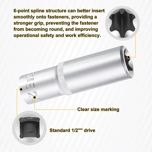 مقبس HARFINGTON E-Torx 1/2 بوصة محرك E20 مقبس توركس خارجي عميق CR-V فولاذ 6 نقاط مقبس عزم دوران خارجي نجمة مقبس بت أنثى لإصلاح السيارات والصيانة المنزلية DIY صناعة يدوية in Kuwait