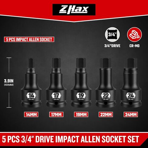 zhax 3/4 Inch Drive Impact Allen Socket Set, 14mm, 17mm, 19mm, 22mm, 24mm Metric Hex Bit Socket, 5-Piece, Master Impact Grade Cr-Mo Steel With Heavy Duty Storage Case in Kuwait