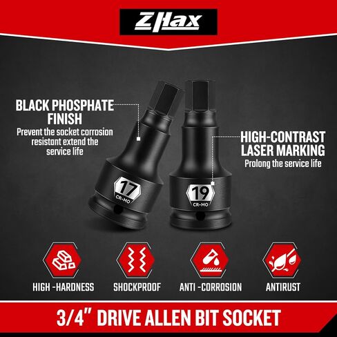 zhax 3/4 Inch Drive Impact Allen Socket Set, 14mm, 17mm, 19mm, 22mm, 24mm Metric Hex Bit Socket, 5-Piece, Master Impact Grade Cr-Mo Steel With Heavy Duty Storage Case in Kuwait
