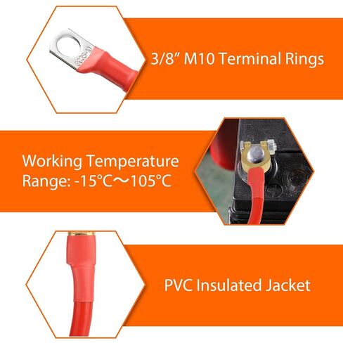 2AWG Battery Cables 16 Inch 2PCS with 3/8" Ring Terminal and Connectors Clamps, Heavy Duty Pure Copper Battery Inverter Wire Cables, for Car RV Truck Marine Solar 12V-24V in Saudi Arabia