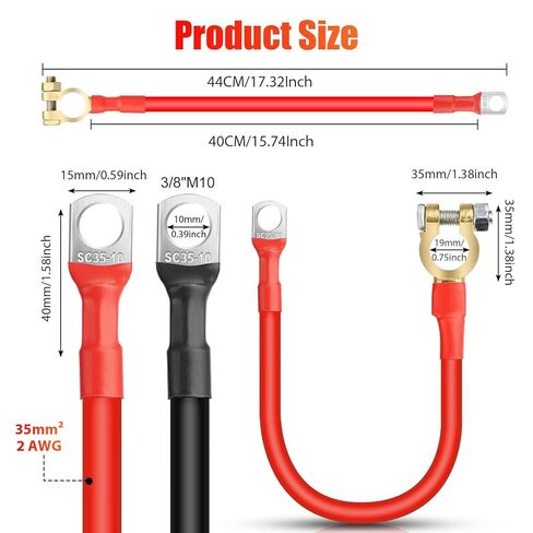 2AWG Battery Cables 16 Inch 2PCS with 3/8" Ring Terminal and Connectors Clamps, Heavy Duty Pure Copper Battery Inverter Wire Cables, for Car RV Truck Marine Solar 12V-24V in Saudi Arabia