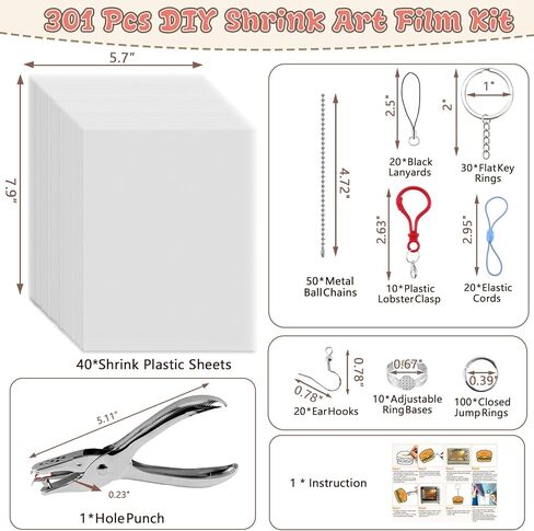Yalumo 301 Pcs Shrink Plastic Sheets Kit, 40 Shrink Paper Sheets 5.7 x 7.9 Inch with Earring, Ring and Keychain Accessories for DIY Shrinky Art, Ornament, Craft Project, Handmade Gift and Home Decor in Saudi Arabia
