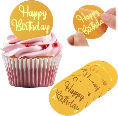 24 Pcs Mirror Gold Acrylic Cupcake Toppers, Round Happy Birthday Cake Topper, Cake & Cupcake Decorations for DIY Birthday Party Anniversary Pastries Decorations in Kuwait