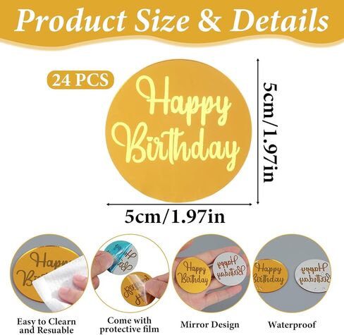 24 Pcs Mirror Gold Acrylic Cupcake Toppers, Round Happy Birthday Cake Topper, Cake & Cupcake Decorations for DIY Birthday Party Anniversary Pastries Decorations in Kuwait